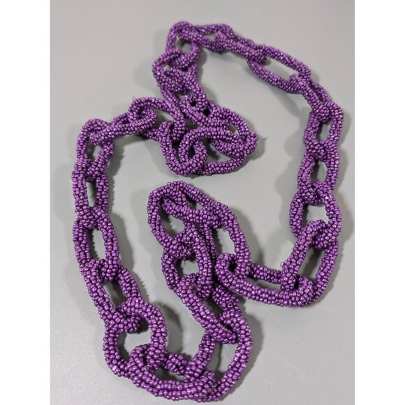 Purple Glasss Seed Bead Chain Link Long Layering Necklace Boho Beachy 40" - Picture 3 of 9